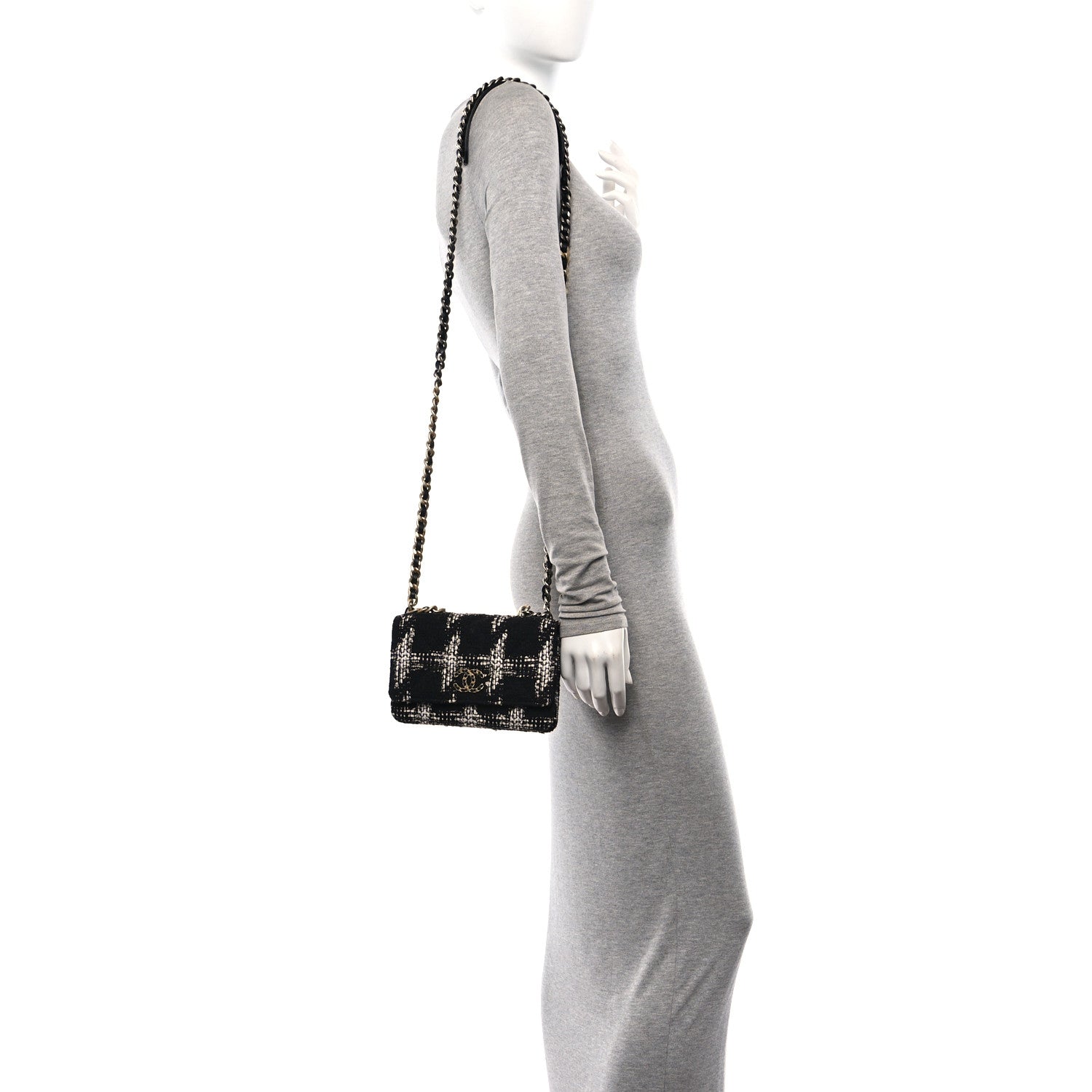 Chanel Tweed Quilted Chanel 19 Wallet On Chain WOC Black White 2 of 13