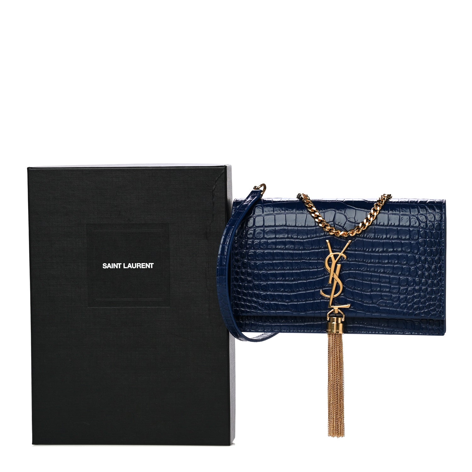 Saint Laurent Calfskin Crocodile Embossed Kate Monogram Tassel Chain Wallet Royal Blue 12 of 12