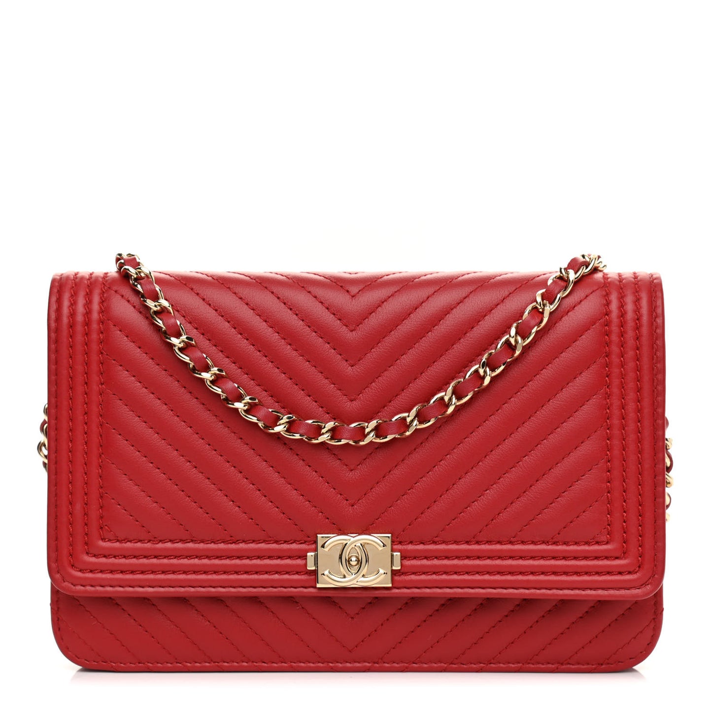 Calfskin Chevron Quilted Boy Wallet On Chain WOC Red