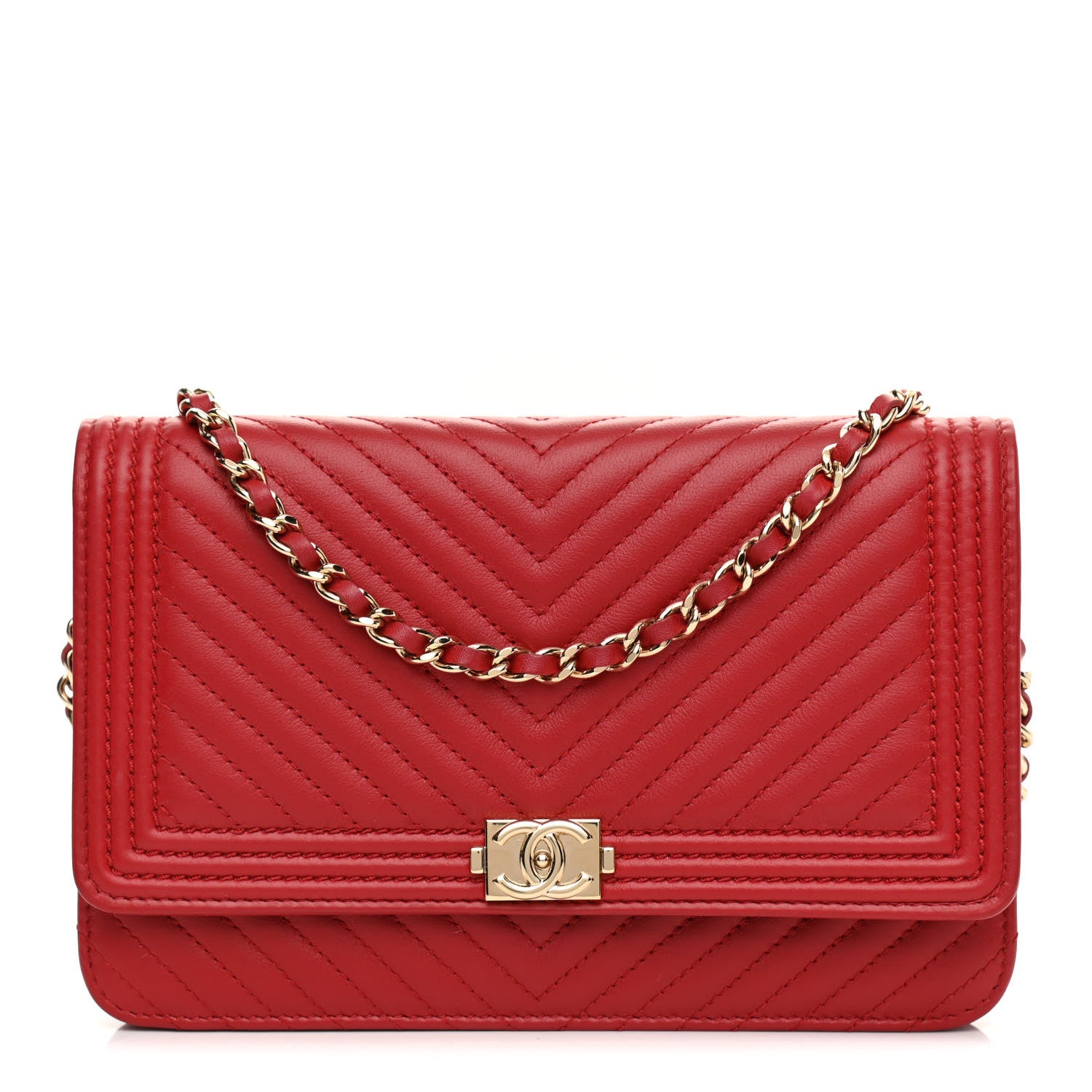 Chanel Calfskin Chevron Quilted Boy Wallet On Chain WOC Red 1 of 12