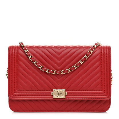 Chanel Calfskin Chevron Quilted Boy Wallet On Chain WOC Red 1 of 12