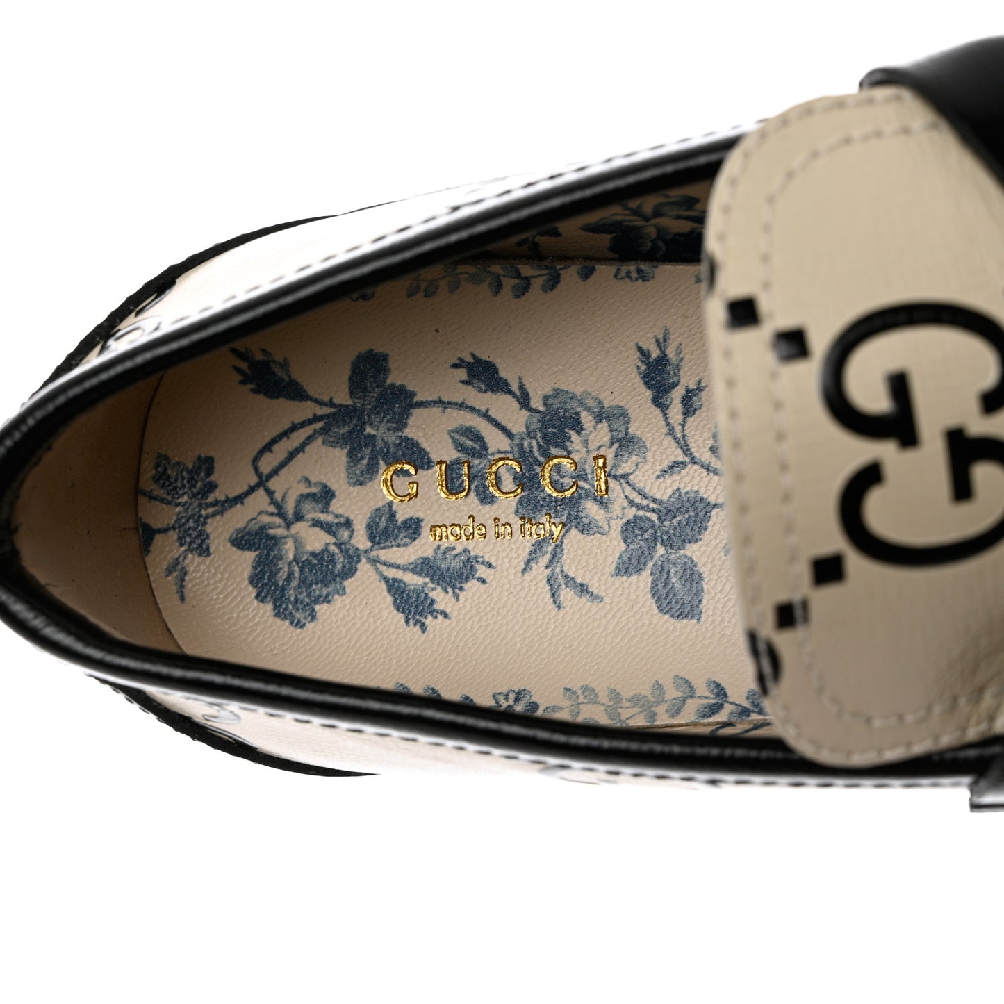 Azalea Calfskin GG Monogram Bi-Color Debossed Womens Harald Horsebit 25mm Platform Loafers 38.5 Mystic White Black
