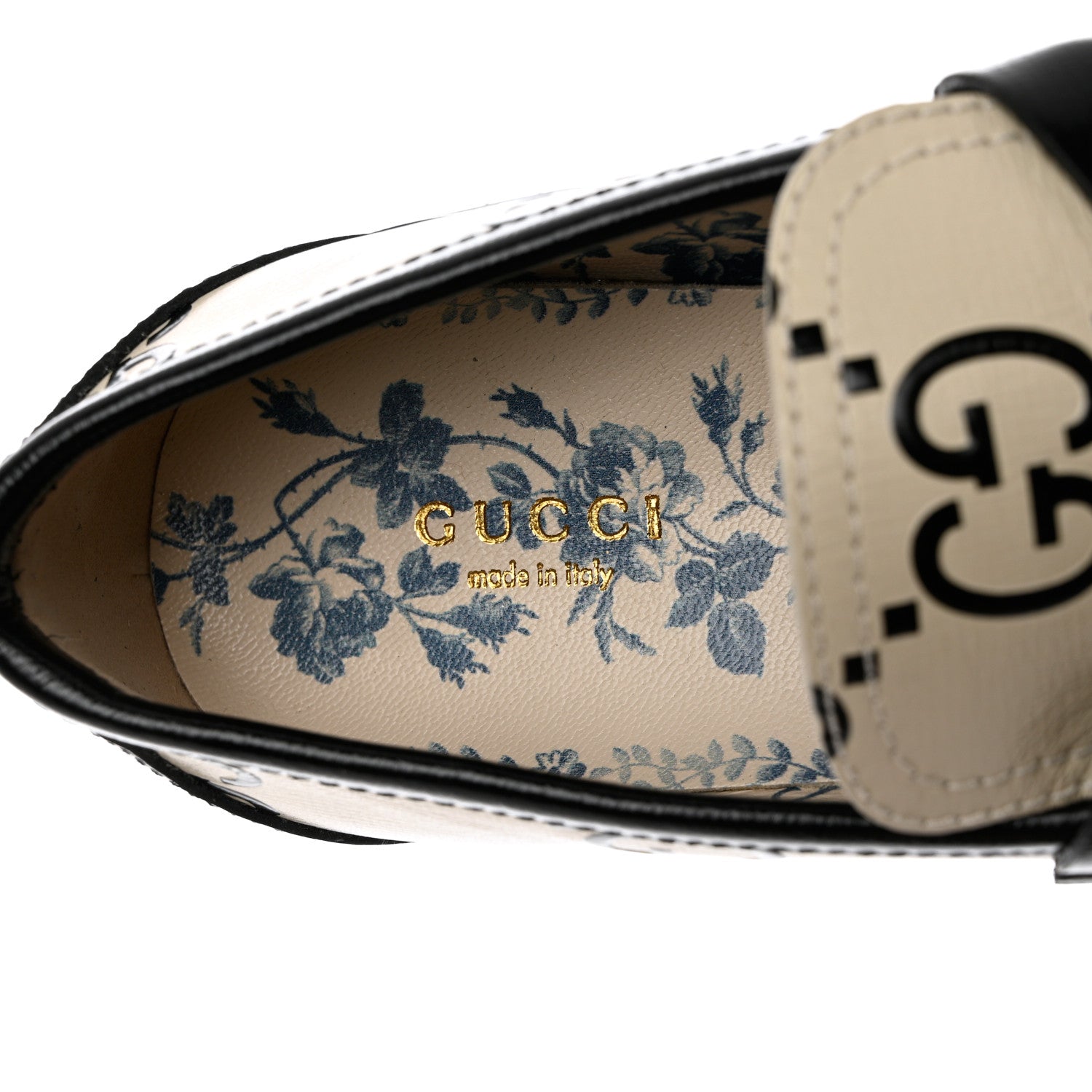 Gucci Azalea Calfskin GG Monogram Bi-Color Debossed Womens Harald Horsebit 25mm Platform Loafers 38.5 Mystic White Black 7 of 10