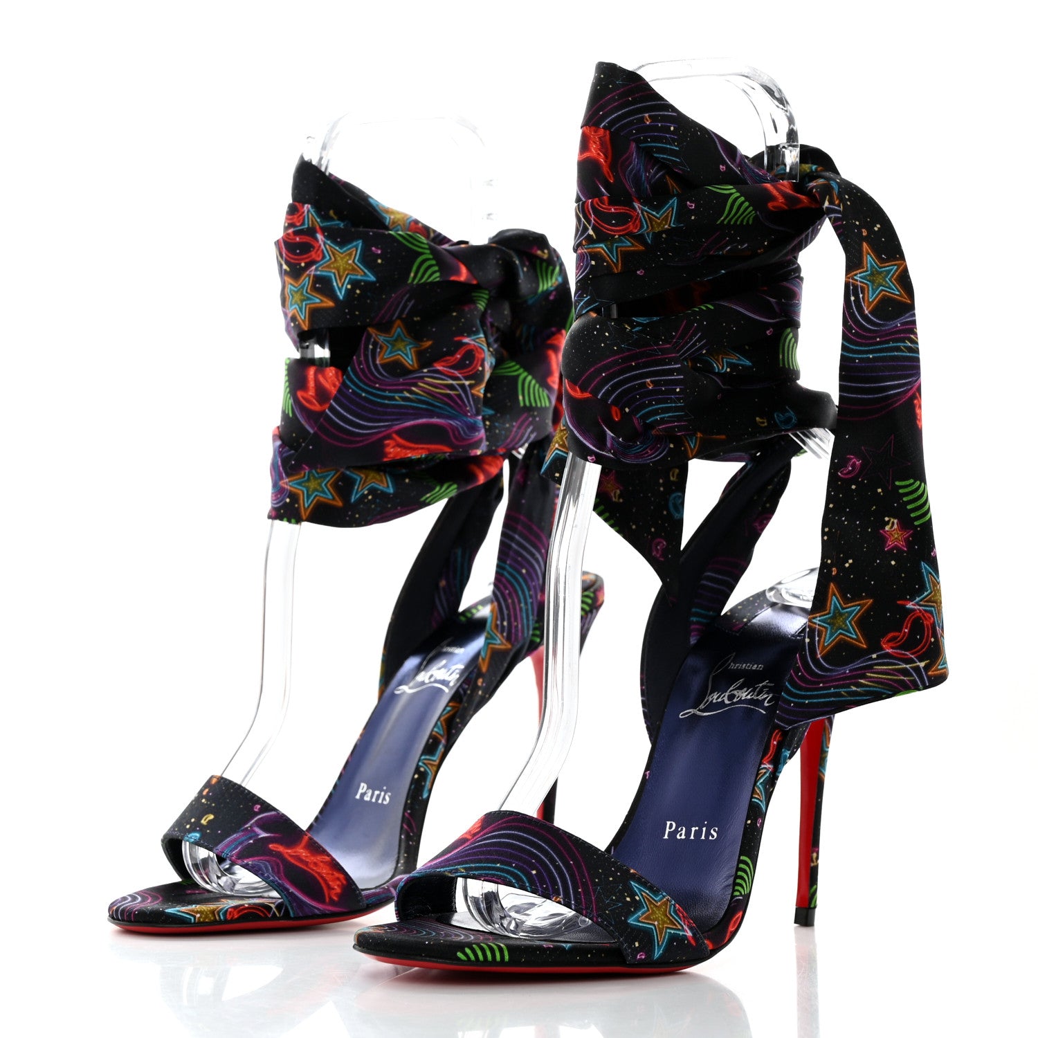 Christian Louboutin Crepe Satin Starlight Sandale Du Desert 100 Ankle Wrap Sandals 37.5 Black Multicolor 3 of 8