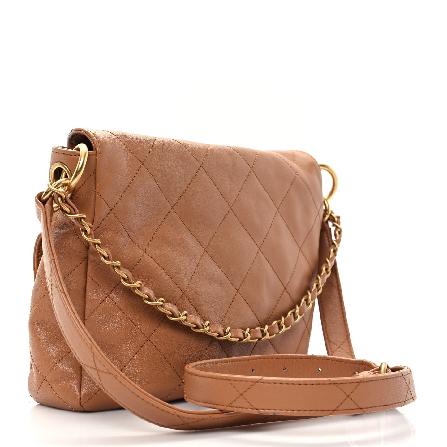 Shiny Calfskin Quilted Small Supple Twins Hobo Bag Brown