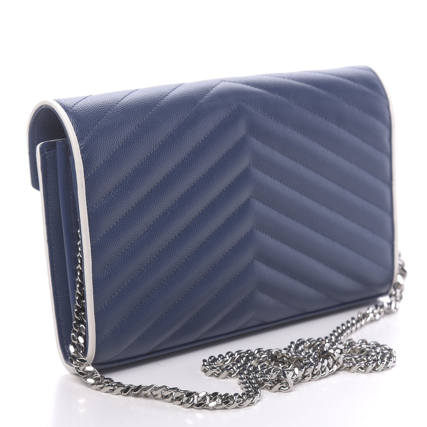 Grain De Poudre Matelasse Monogram Chain Wallet Denim Bianco Ottico