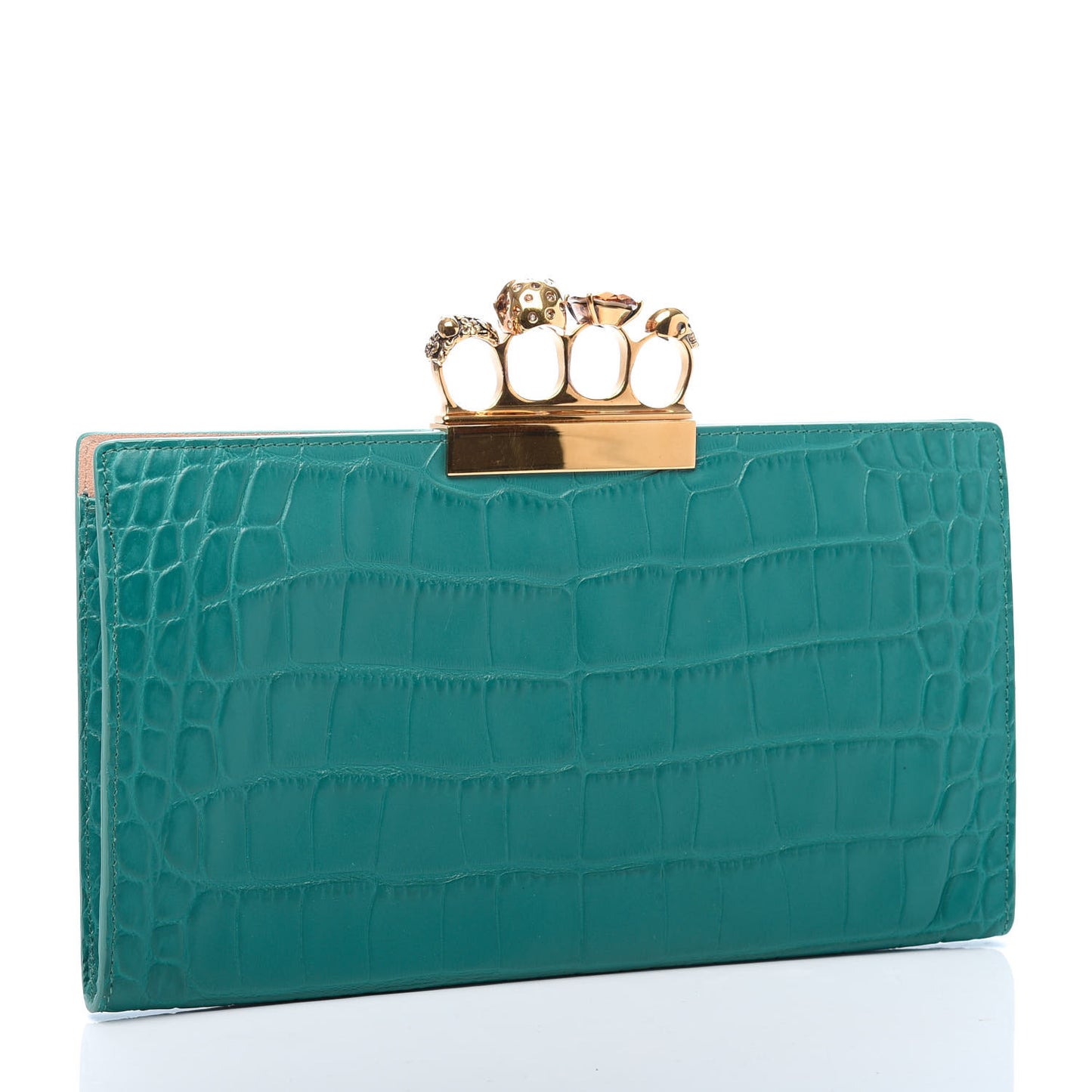 Calfskin Crocodile Embossed Knuckle Flat Clutch Green