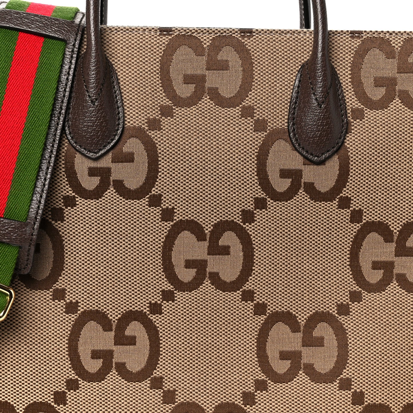 Monogram Jumbo GG Textured Dollar Calfskin Web Tote Bag Camel Ebony New Acero