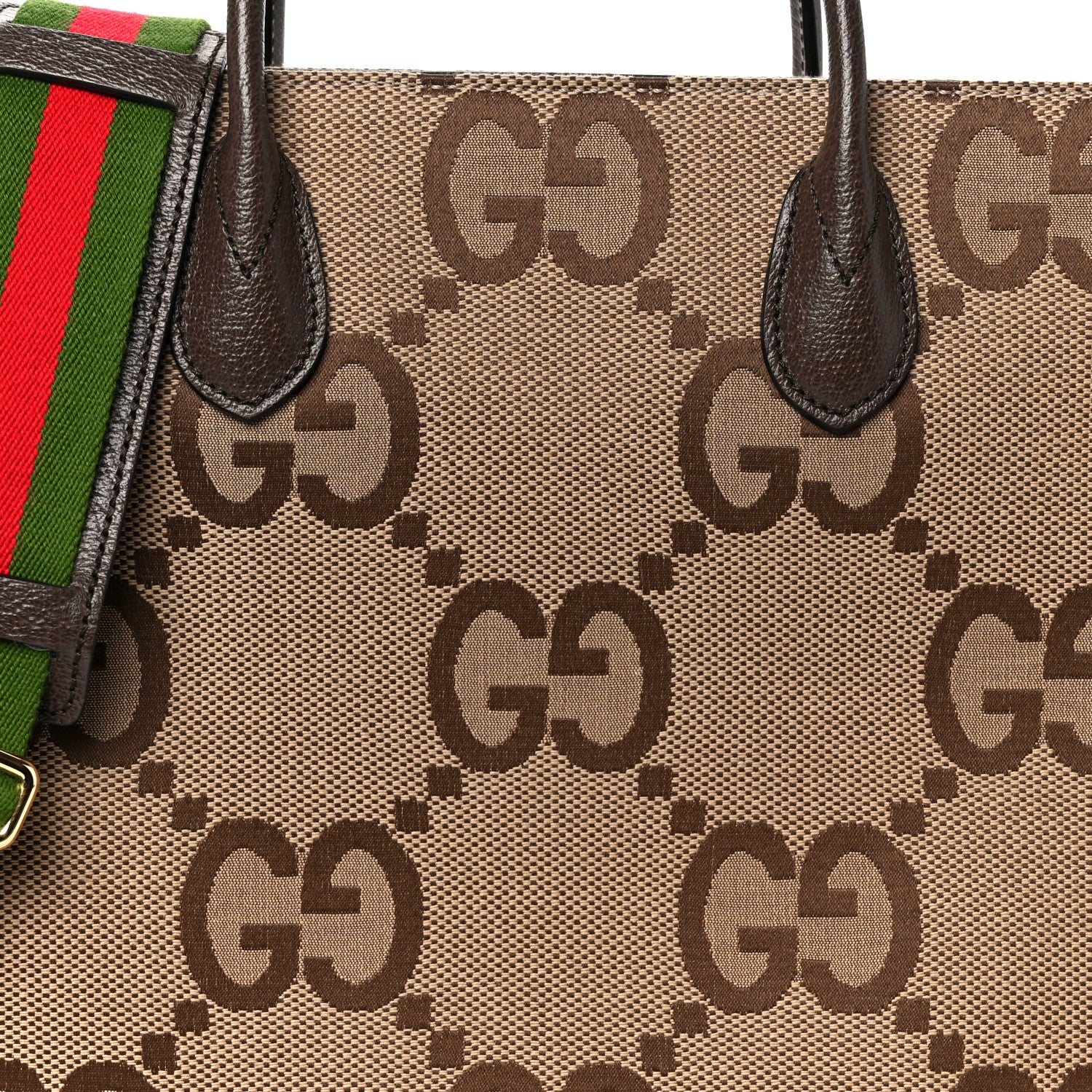 Gucci Monogram Jumbo GG Textured Dollar Calfskin Web Tote Bag Camel Ebony New Acero 9 of 11