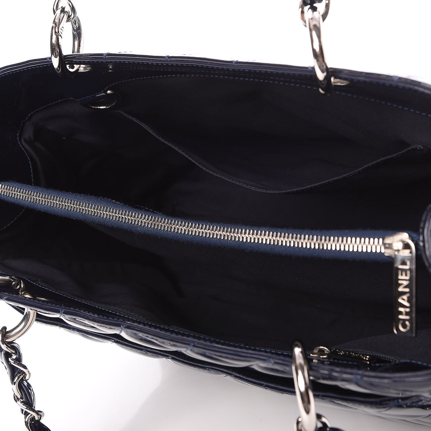 Patent Quilted Grand Shopping Tote GST Navy Blue