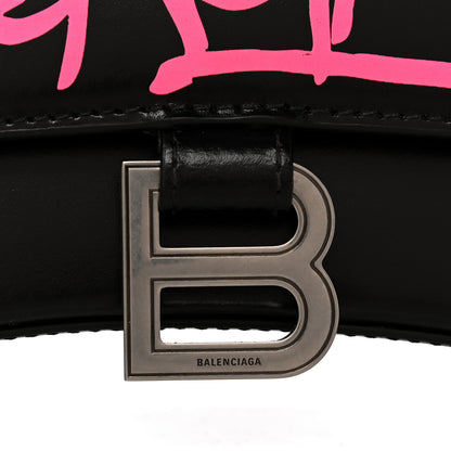 Balenciaga Shiny Box Calfskin Graffiti Logo Small Hourglass Top Handle Bag Black Pink 9 of 17