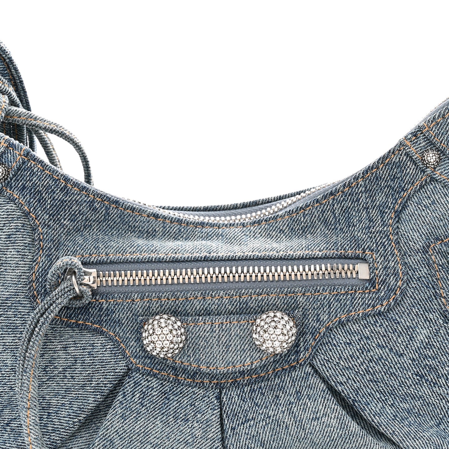Washed Frayed Denim Crystal Small Le Cagole Shoulder Bag XS Blue