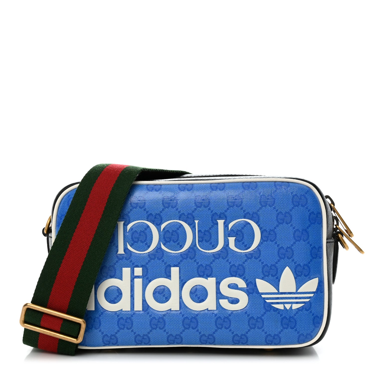 Gucci X ADIDAS Crystal Vintage Monogram Textured Dollar Calfskin Web Trefoil Logo Small Messenger Bag Bright Splash Off White Black 1 of 10
