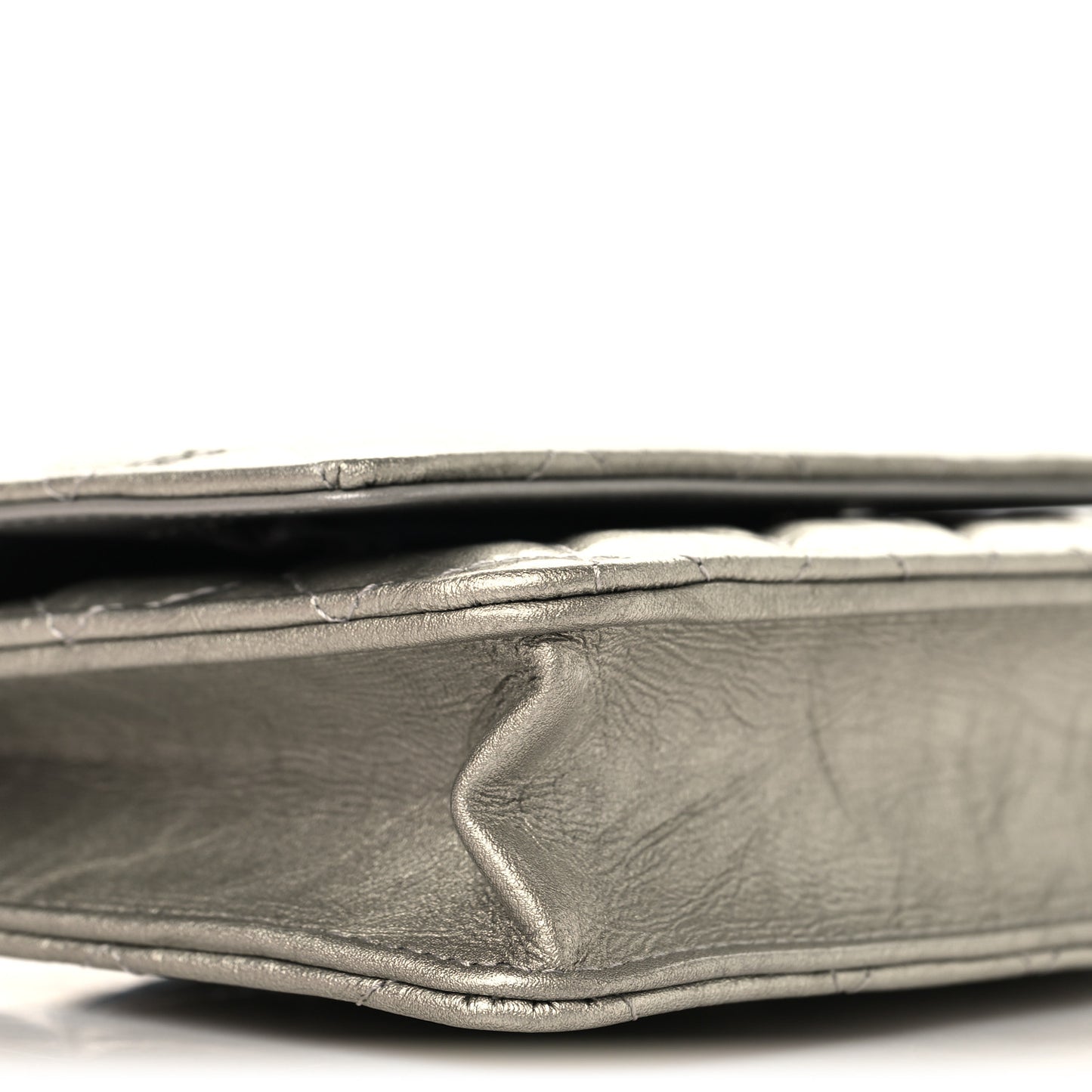 Metallic Crumpled Calfskin Quilted Flap Charm Wallet On Chain WOC Silver