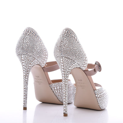 Valentino Garavani Suede Strass Crystal Peep Toe Mary Jane Platform Sandals 37.5 Poudre 4 of 11