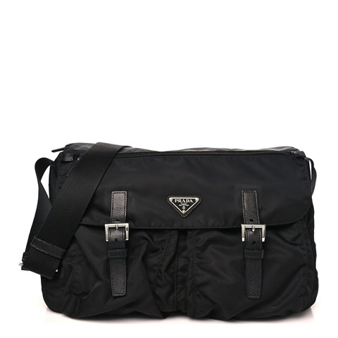 Tessuto Nylon Saffiano Double Buckle Messenger Shoulder Bag Black