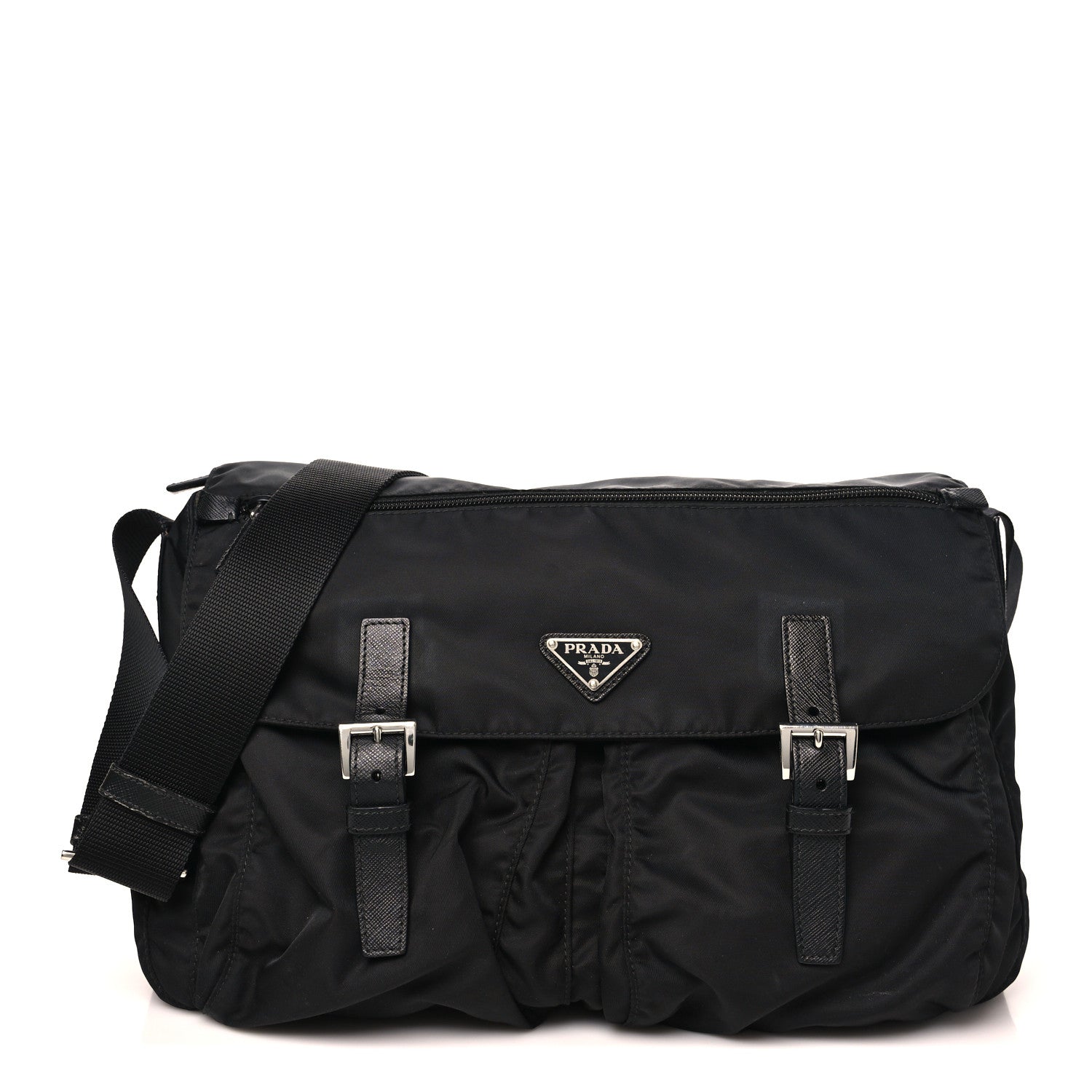 Prada Tessuto Nylon Saffiano Double Buckle Messenger Shoulder Bag Black 1 of 11