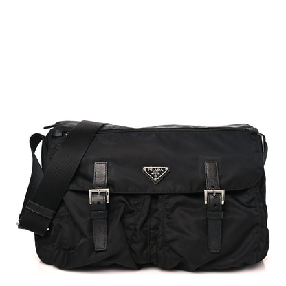 Prada Tessuto Nylon Saffiano Double Buckle Messenger Shoulder Bag Black 1 of 11