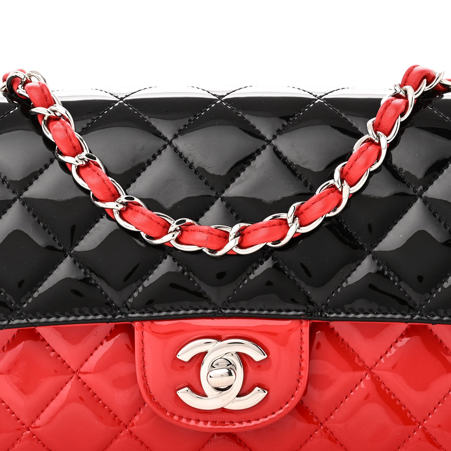 Patent Calfskin Quilted Bi-Color Mini Rectangular Flap Red Black