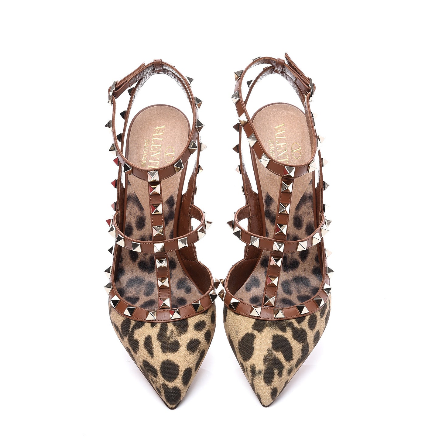 Canvas Leopard Print Rockstud Ankle Strap 100mm Pumps 39 Brown