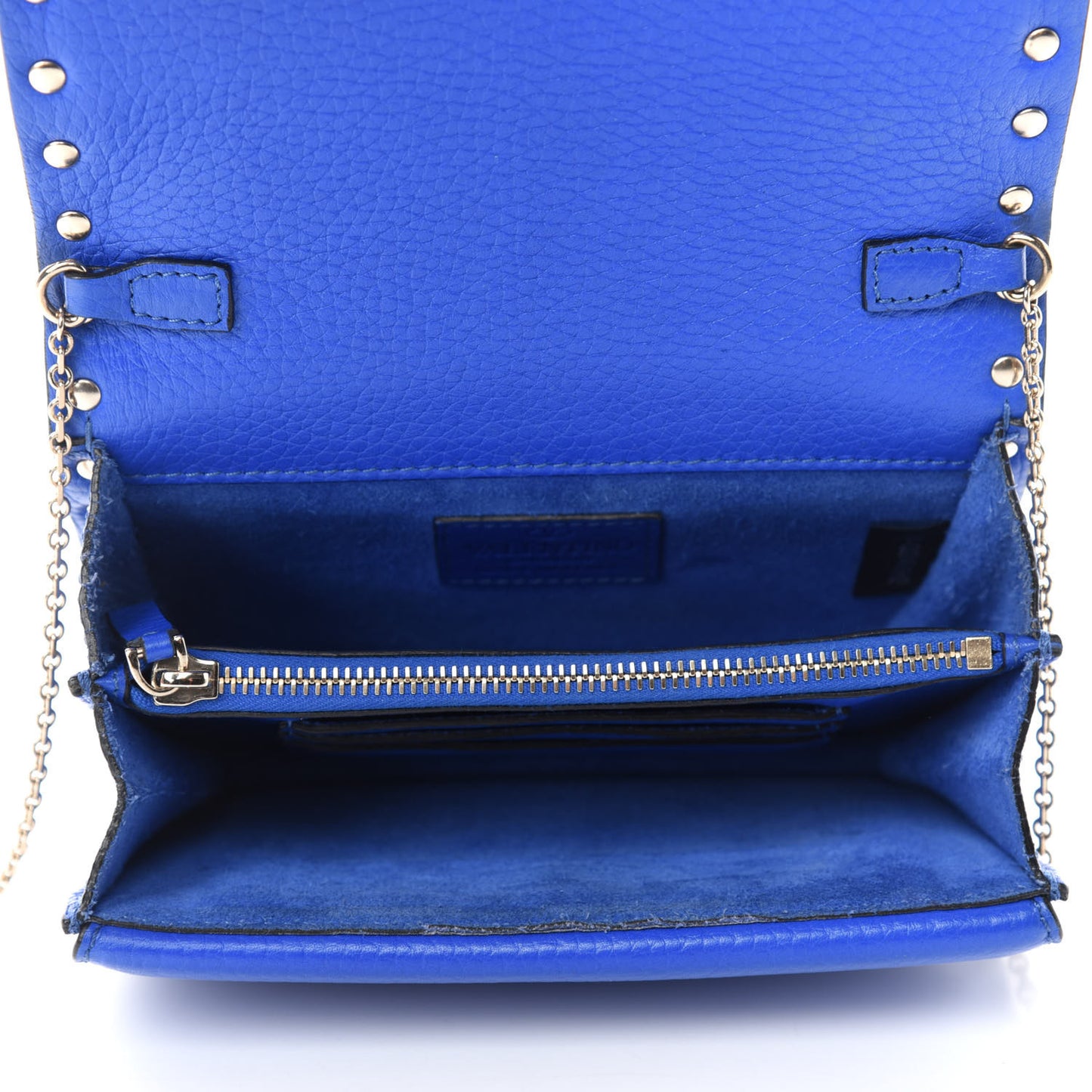 Grained Calfskin Rockstud Wallet on Chain Acid Blue