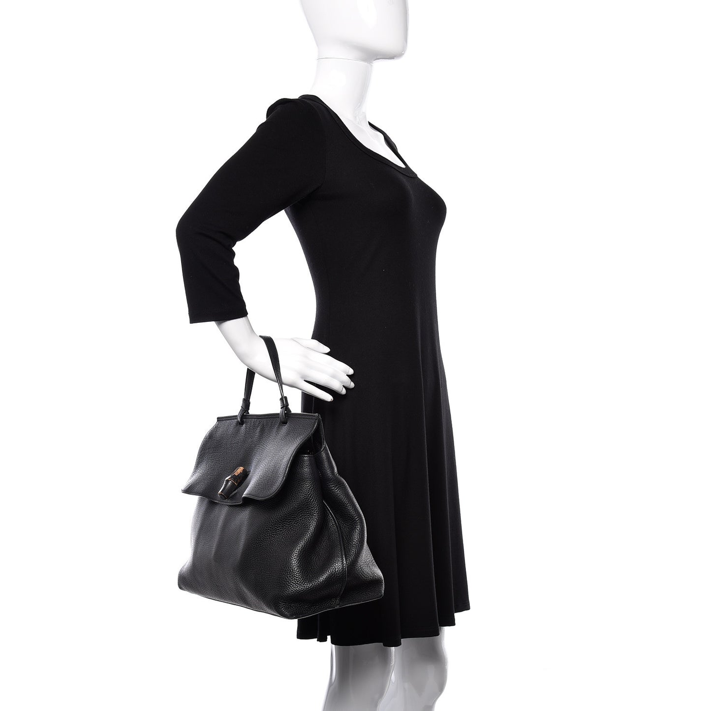 Pebbled Calfskin Large Bamboo Daily Top Handle Bag Black