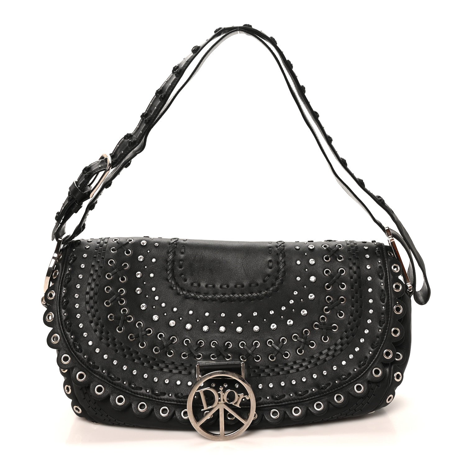 Christian Dior Calfskin Crystal Studded Peace Shoulder Bag Black 1 of 10