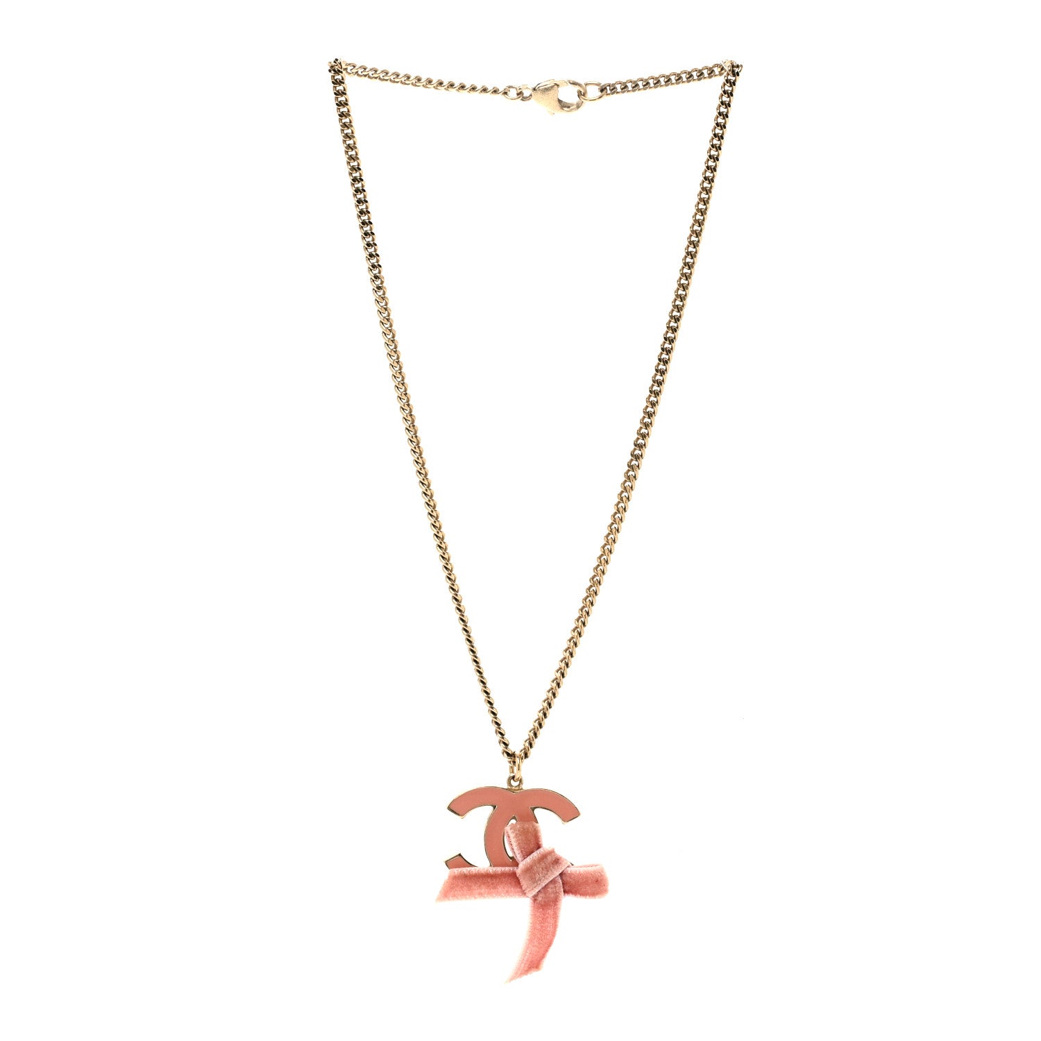 Chanel Metal Enamel Velvet CC Bow Necklace Gold Pink 3 of 4