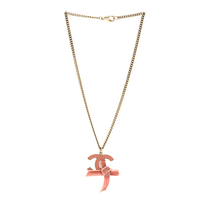 Chanel Metal Enamel Velvet CC Bow Necklace Gold Pink 3 of 4