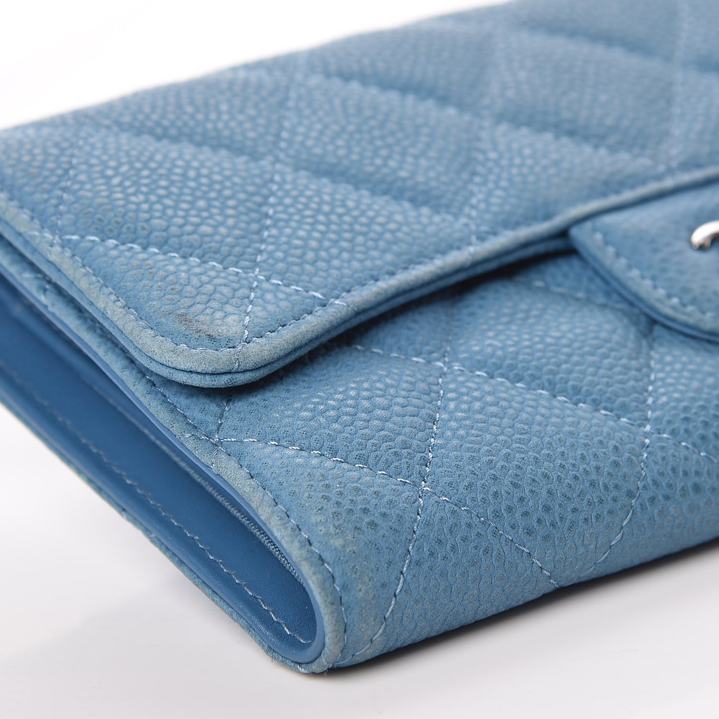 Iridescent Caviar Quilted Large Flap Wallet Blue