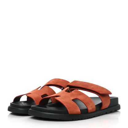 Hermes Suede Goatskin Womens Chypre Sandals 37.5 Orange Canyon 3 of 9