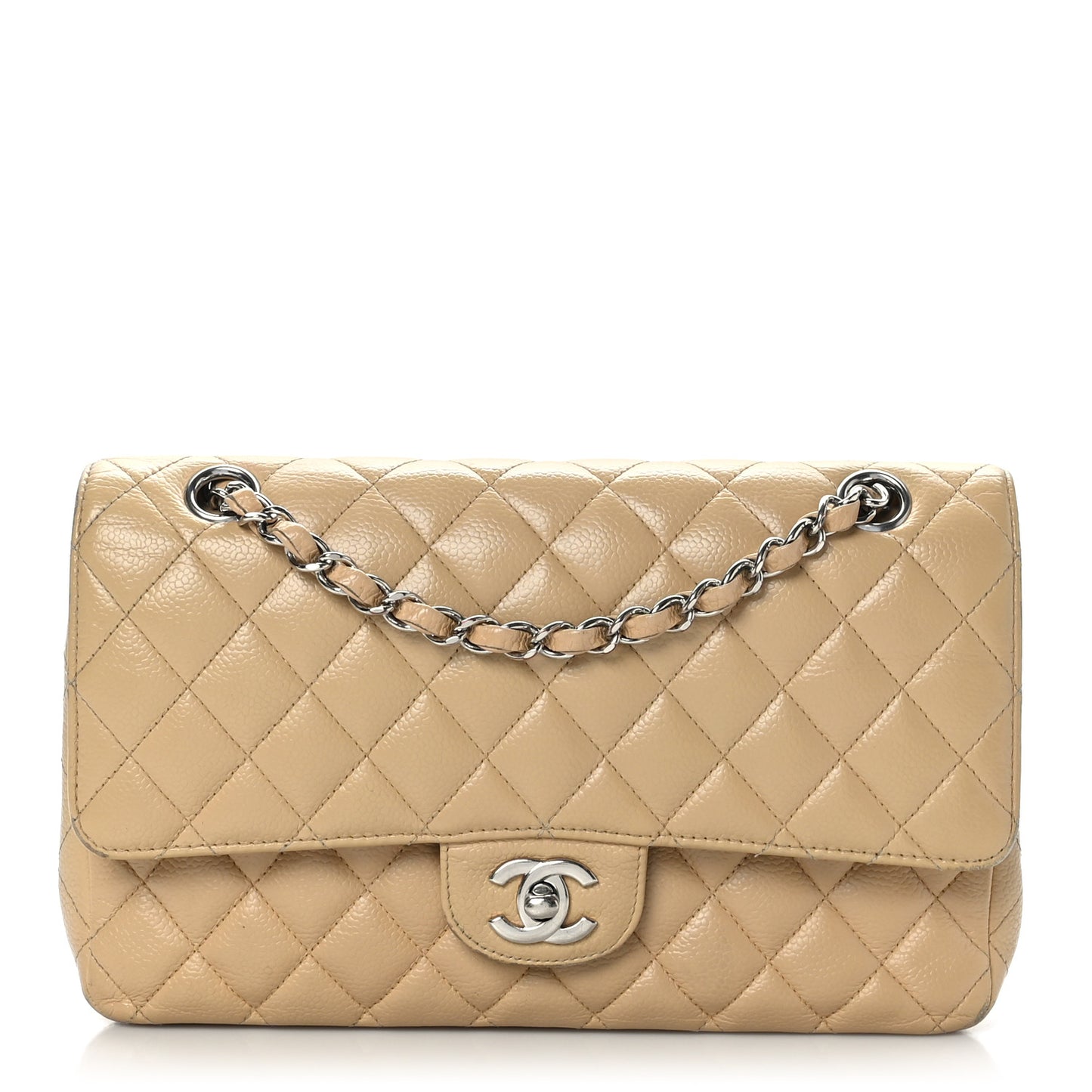 Caviar Quilted Medium Double Flap Beige