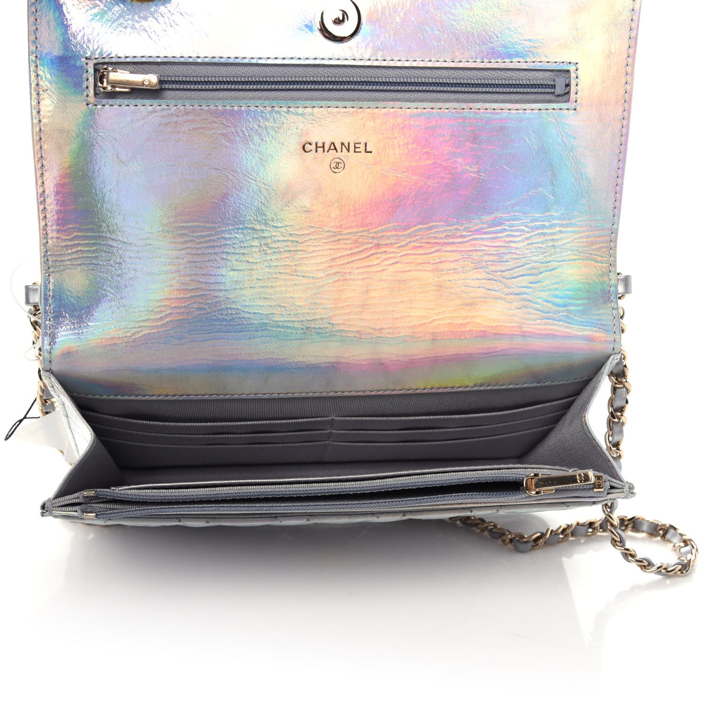 Iridescent Goatskin Quilted Wallet On Chain WOC Silver