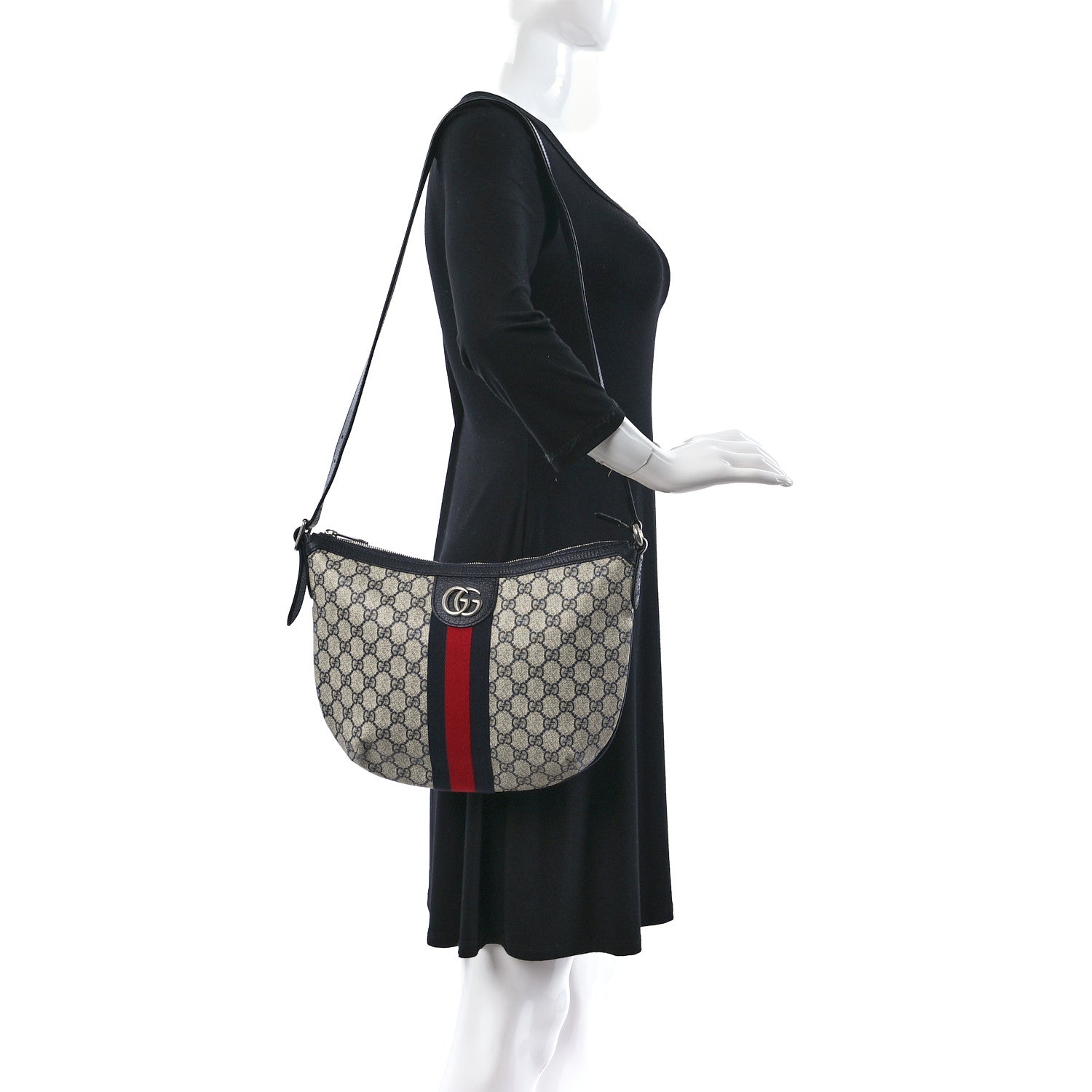Gucci GG Supreme Monogram Textured Dollar Calfskin Web Small Ophidia Half Moon Hobo Beige Blue 2 of 9