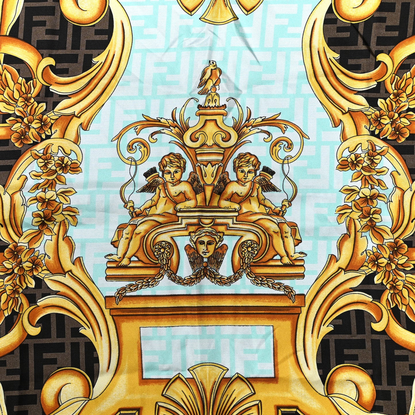 X VERSACE Silk FF Baroque Foulard Scarf Gold