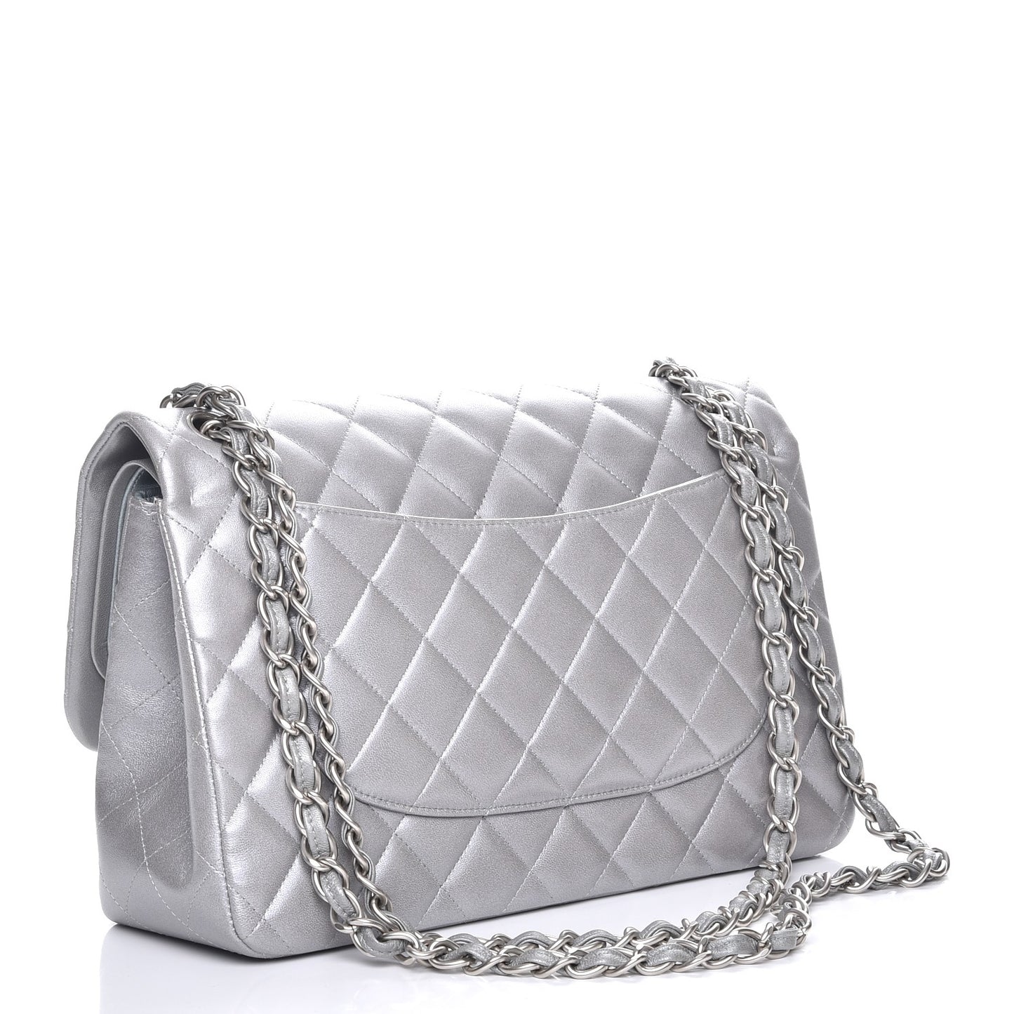 Metallic Lambskin Quilted Jumbo Double Flap Silver