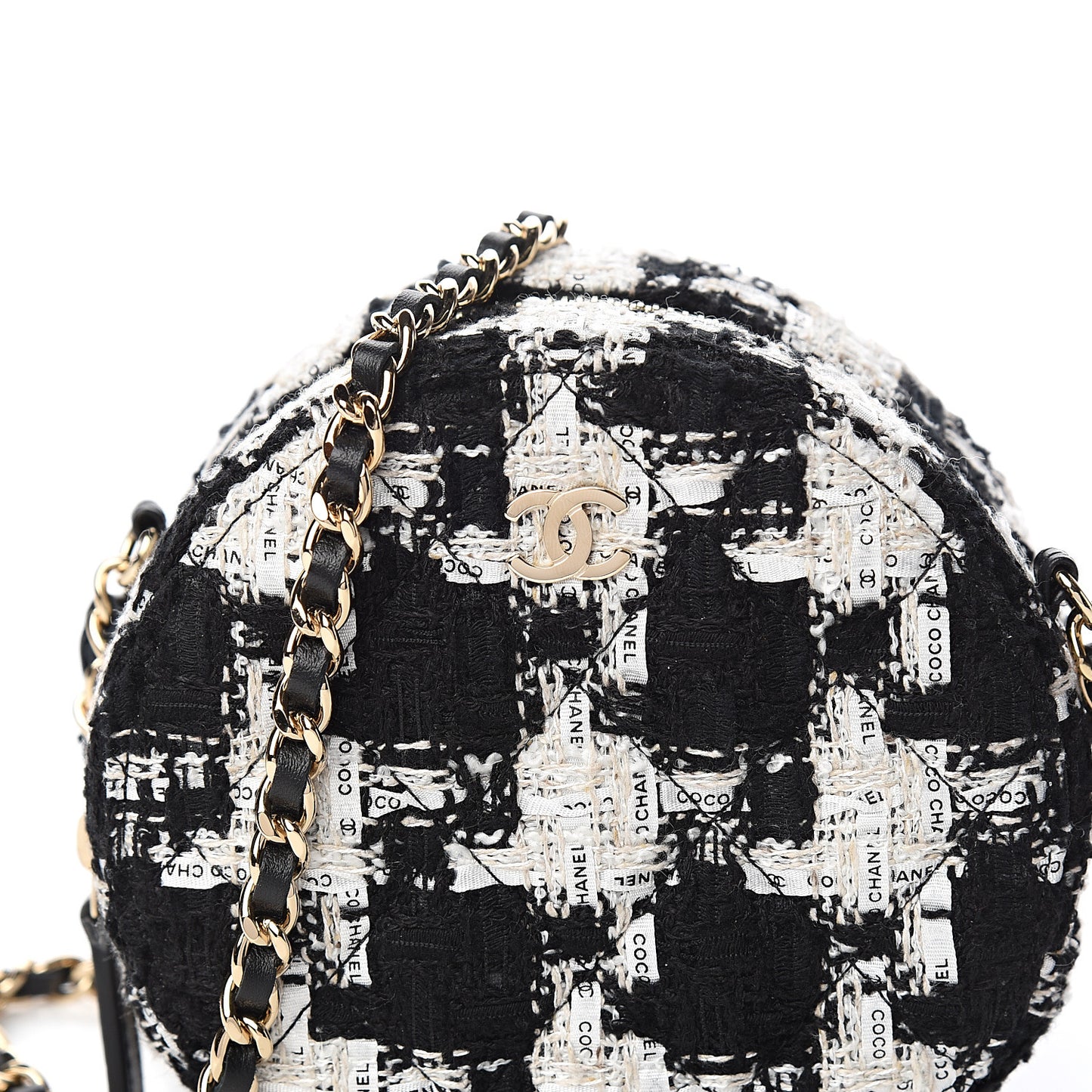 Tweed Round Clutch With Chain Black