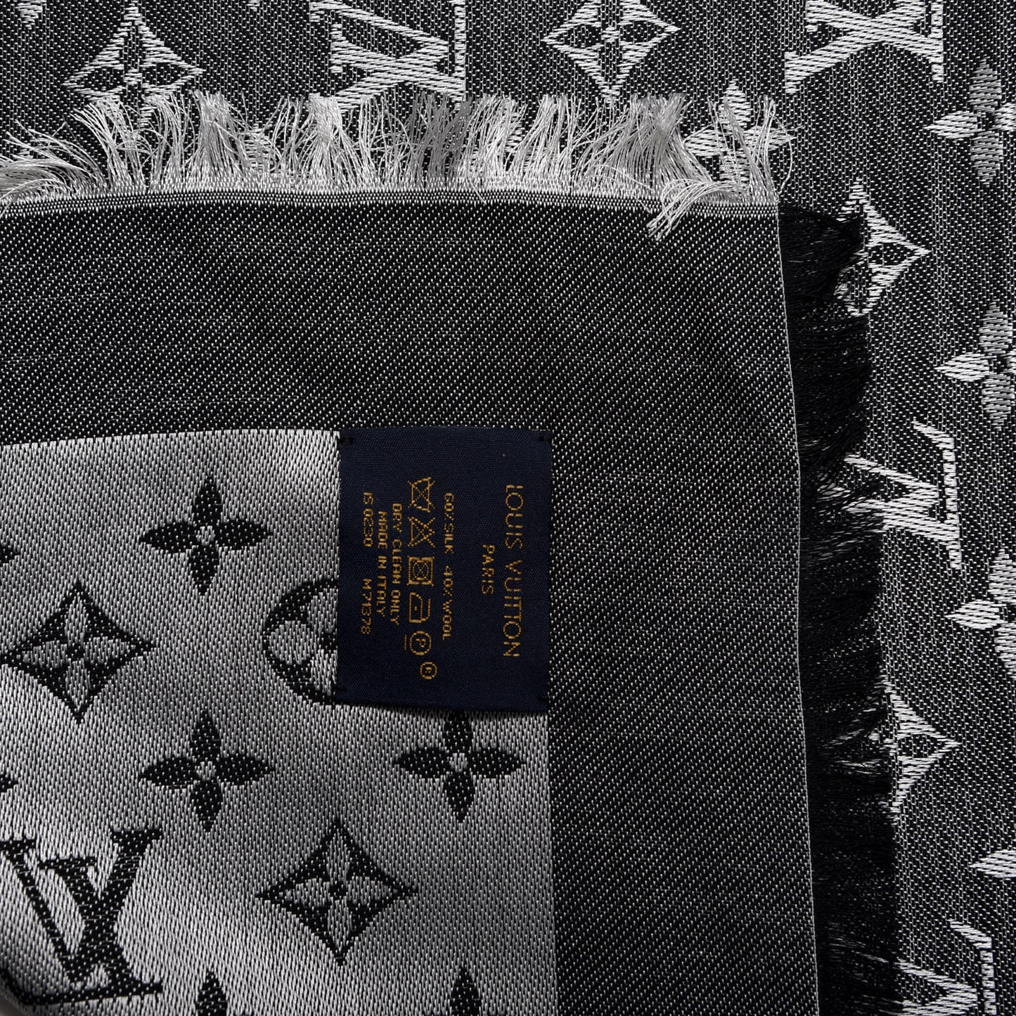 Wool Silk Monogram Denim Shawl Black