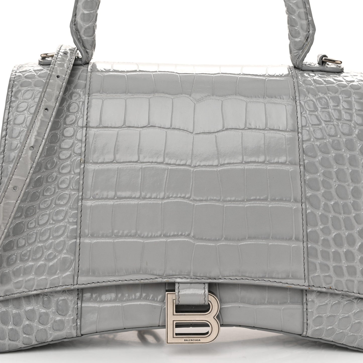 Shiny Calfskin Crocodile Embossed Medium Hourglass Top Handle Bag Balenciaga Grey