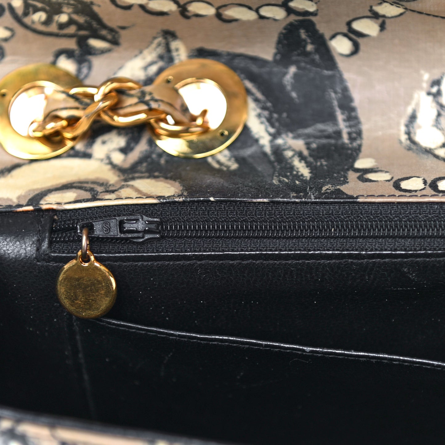 Coated Canvas Printed Quilted Medium Single Flap Black Beige Multicolor