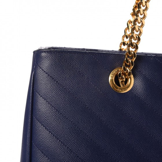 Saint Laurent Grain De Poudre Matelasse Chevron Monogram Shopping Bag Deep Marine 16 of 16