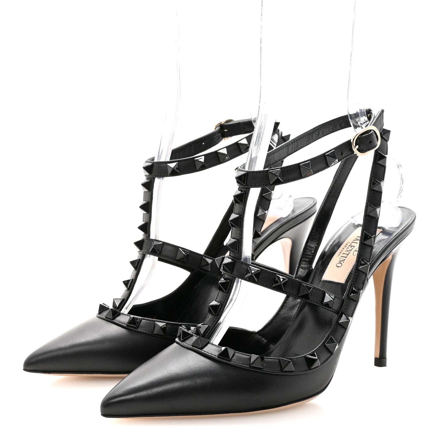 Calfskin Nappa Monochrome Rockstud Ankle Strap 100mm Pumps 36.5 Black