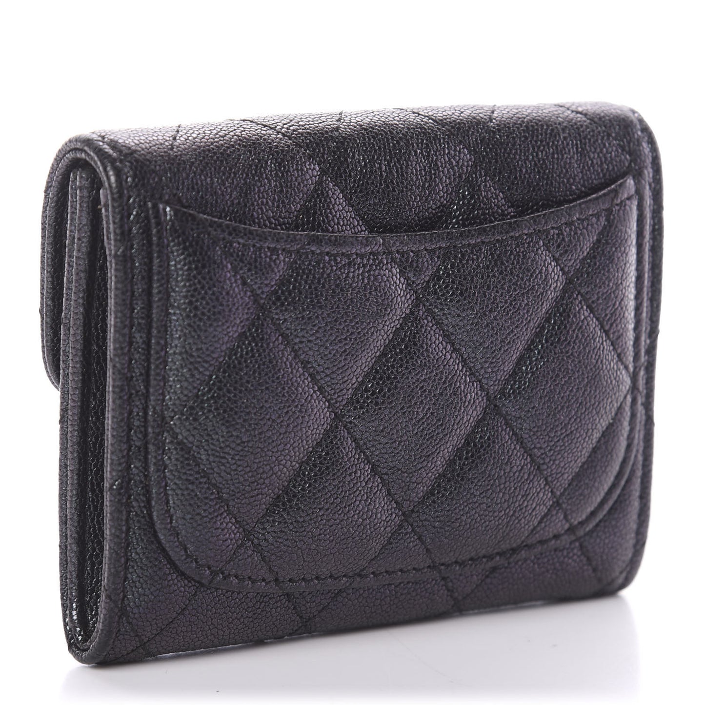 Iridescent Caviar Quilted Flap Card Holder Wallet Black