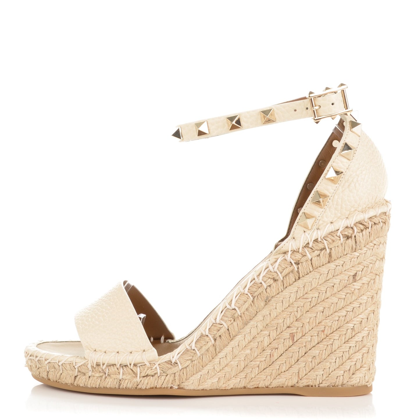Grained Calfskin Rockstud Ankle Strap Espadrille 15/105mm Wedge Sandals 37 Light Ivory Natural