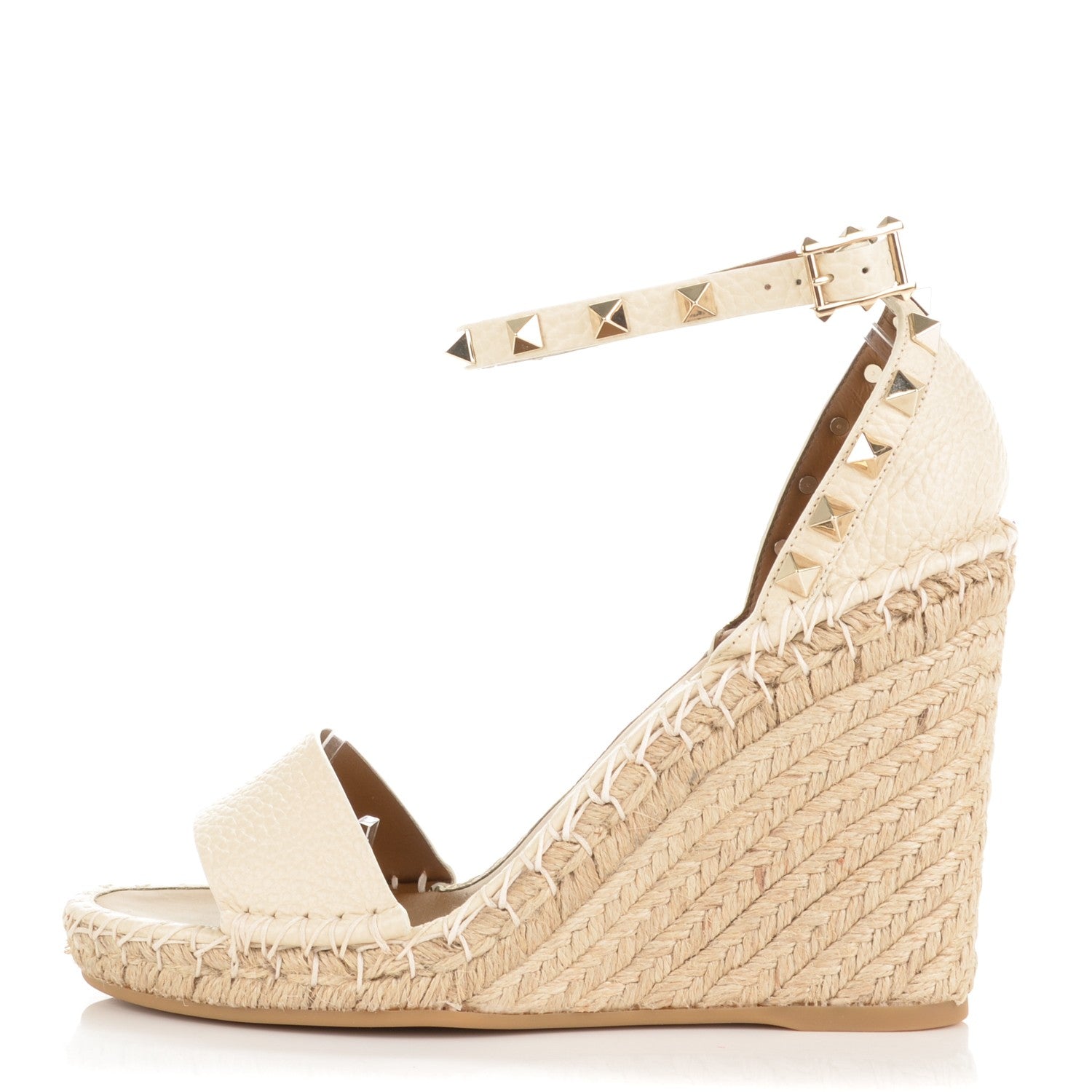 Valentino Garavani Grained Calfskin Rockstud Ankle Strap Espadrille 15/105mm Wedge Sandals 37 Light Ivory Natural 1 of 6