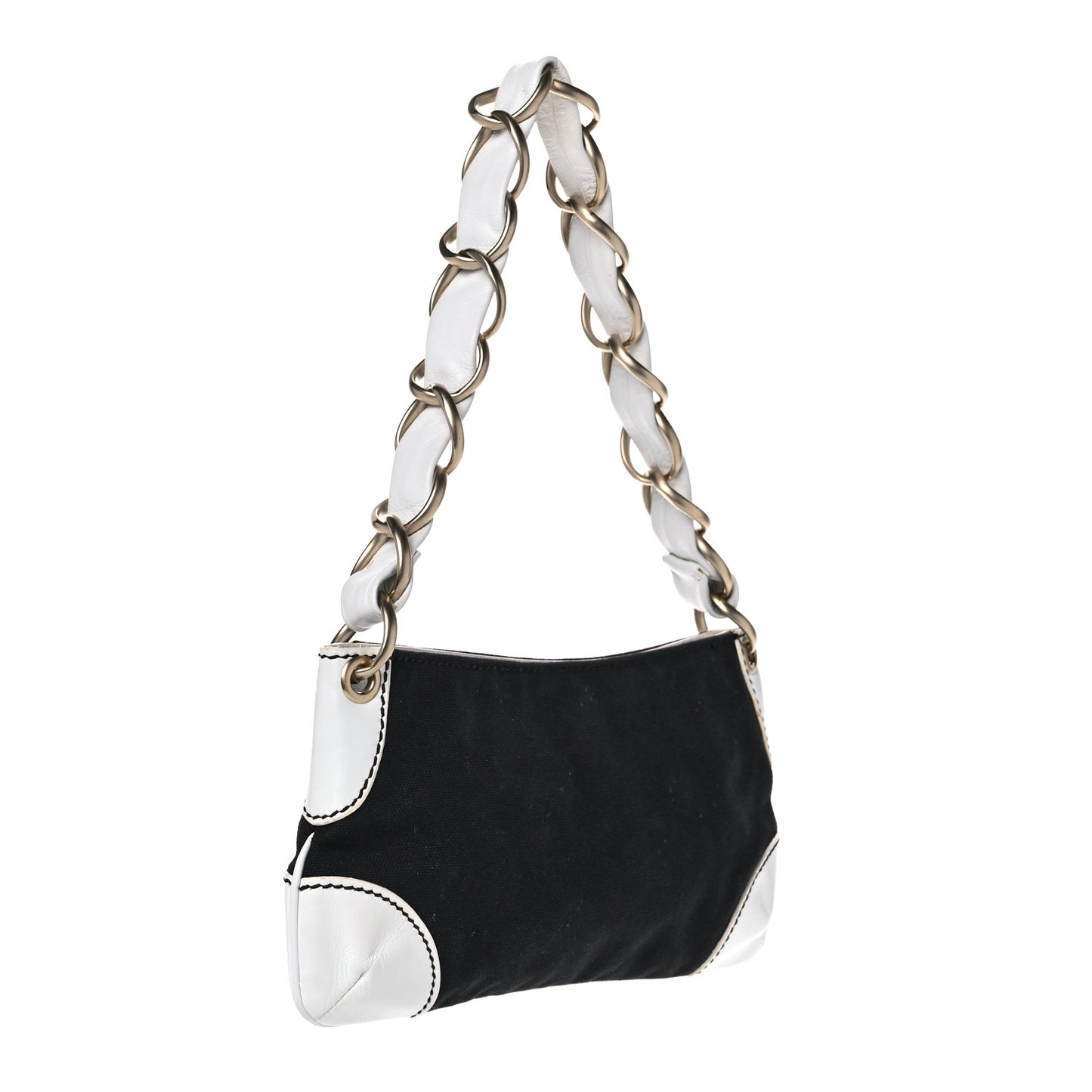 Lambskin Canvas CC Small Olsen Chain Shoulder Bag White Black