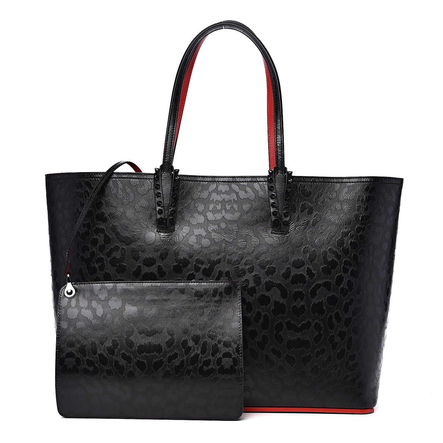 Patent Calfskin Print Leopard Print Spikes East West Cabata Tote Black