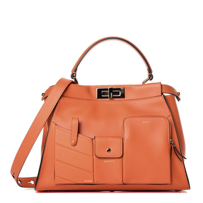 Fendi Vitello Seta Shiny Nappa Medium 3 Pocket Peekaboo Iconic Satchel Papaya 1 of 9