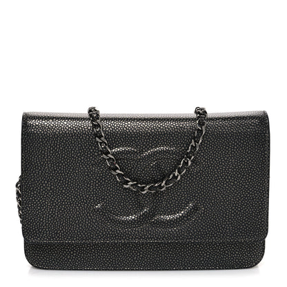 Chanel Metallic Caviar Timeless CC Wallet On Chain WOC Grey 1 of 12