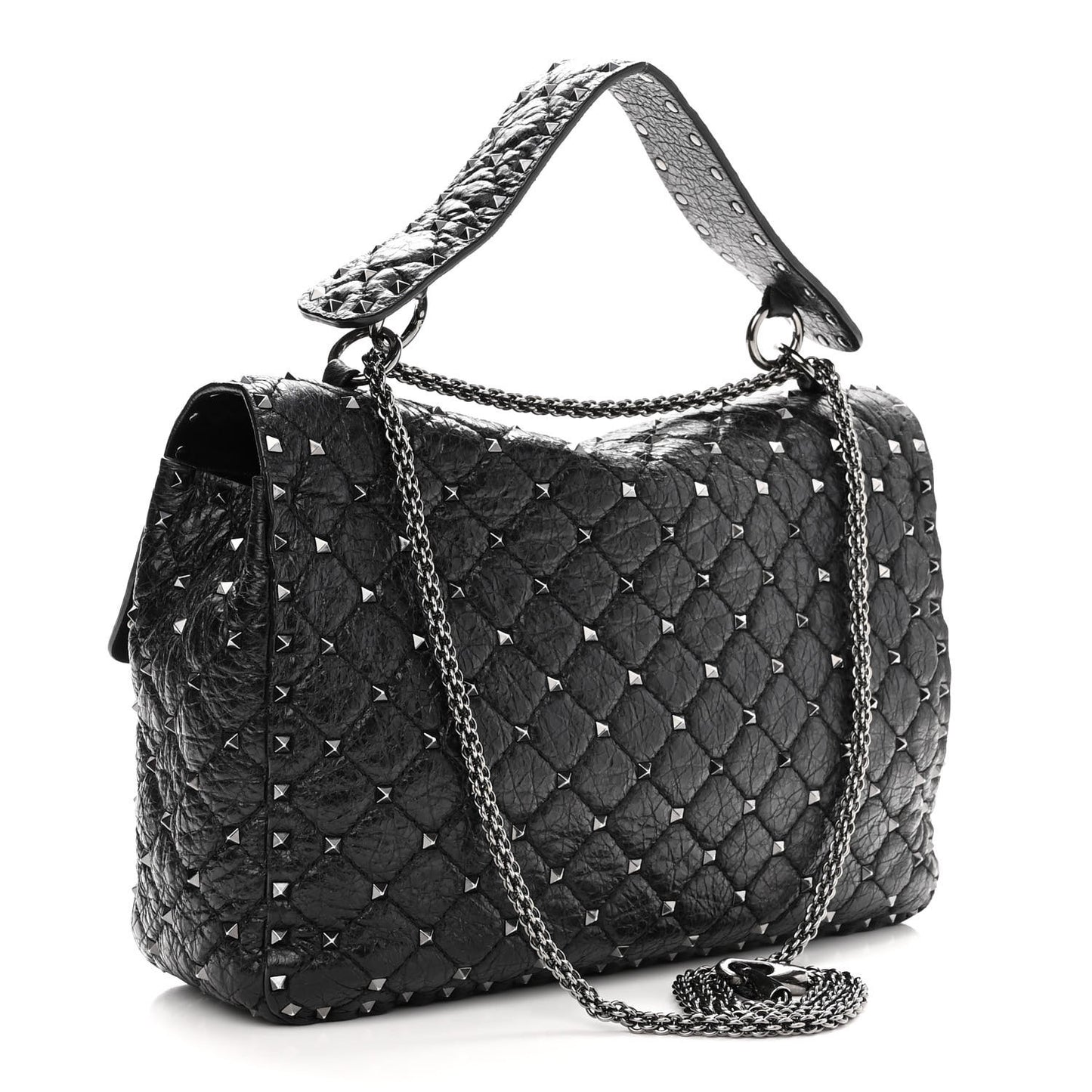 Craquele Nappa Large Rockstud Spike Shoulder Bag Black